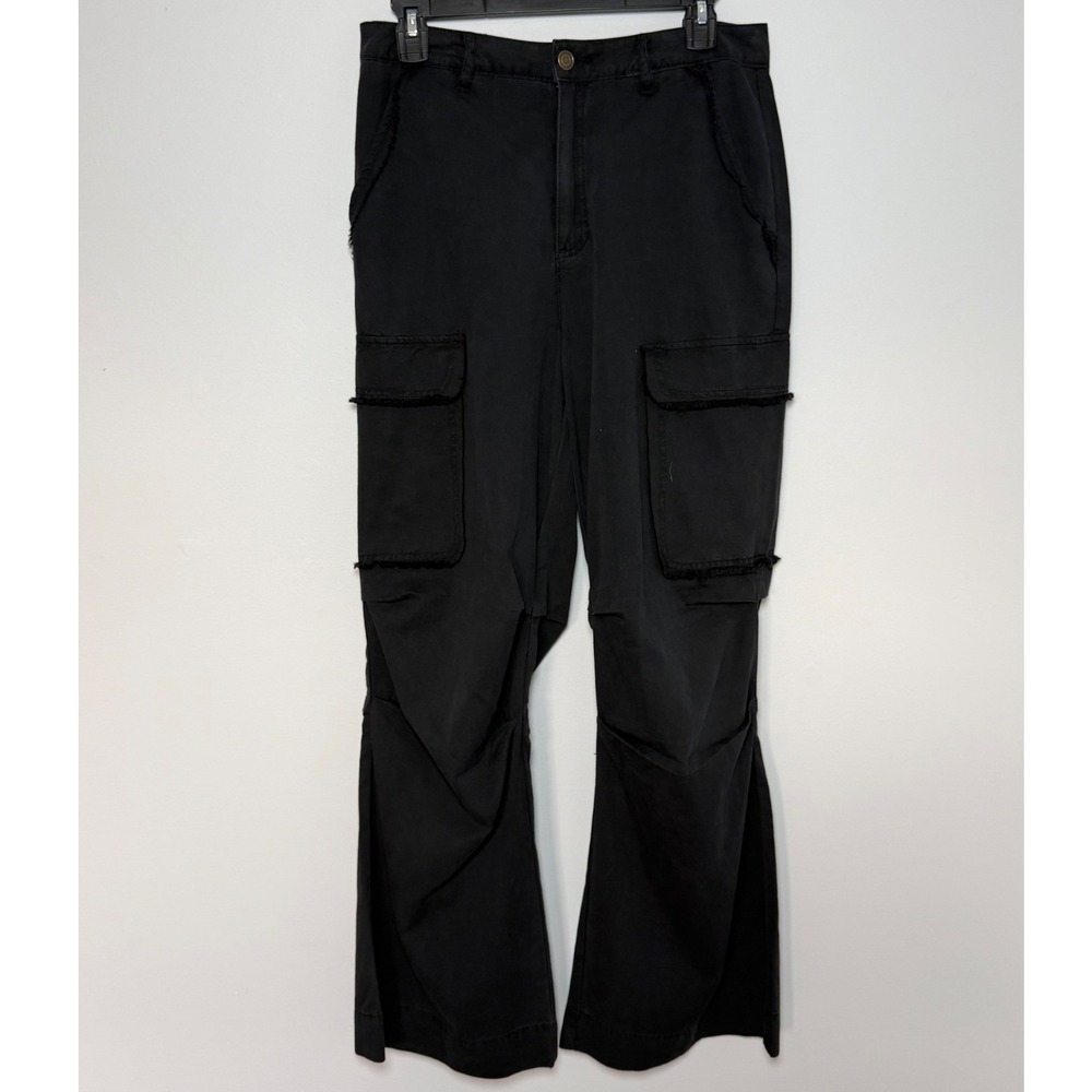Chelsea & Violet Black Cargo Pants Flare Leg Raw Edge Fringe Utility Size M NEW